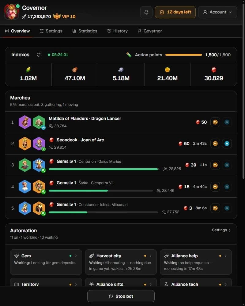BotGame Cloud dashboard for the Rise of Kingdoms bot showing module toggles, a live activity log with gem gathering, and resource levels