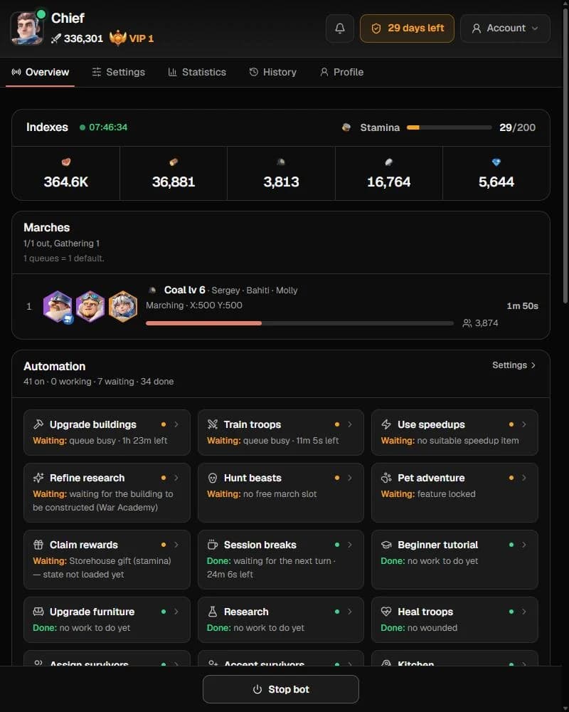 BotGame Cloud dashboard for the Whiteout Survival bot showing module toggles, a live activity log with gathering and rallies, and resource levels